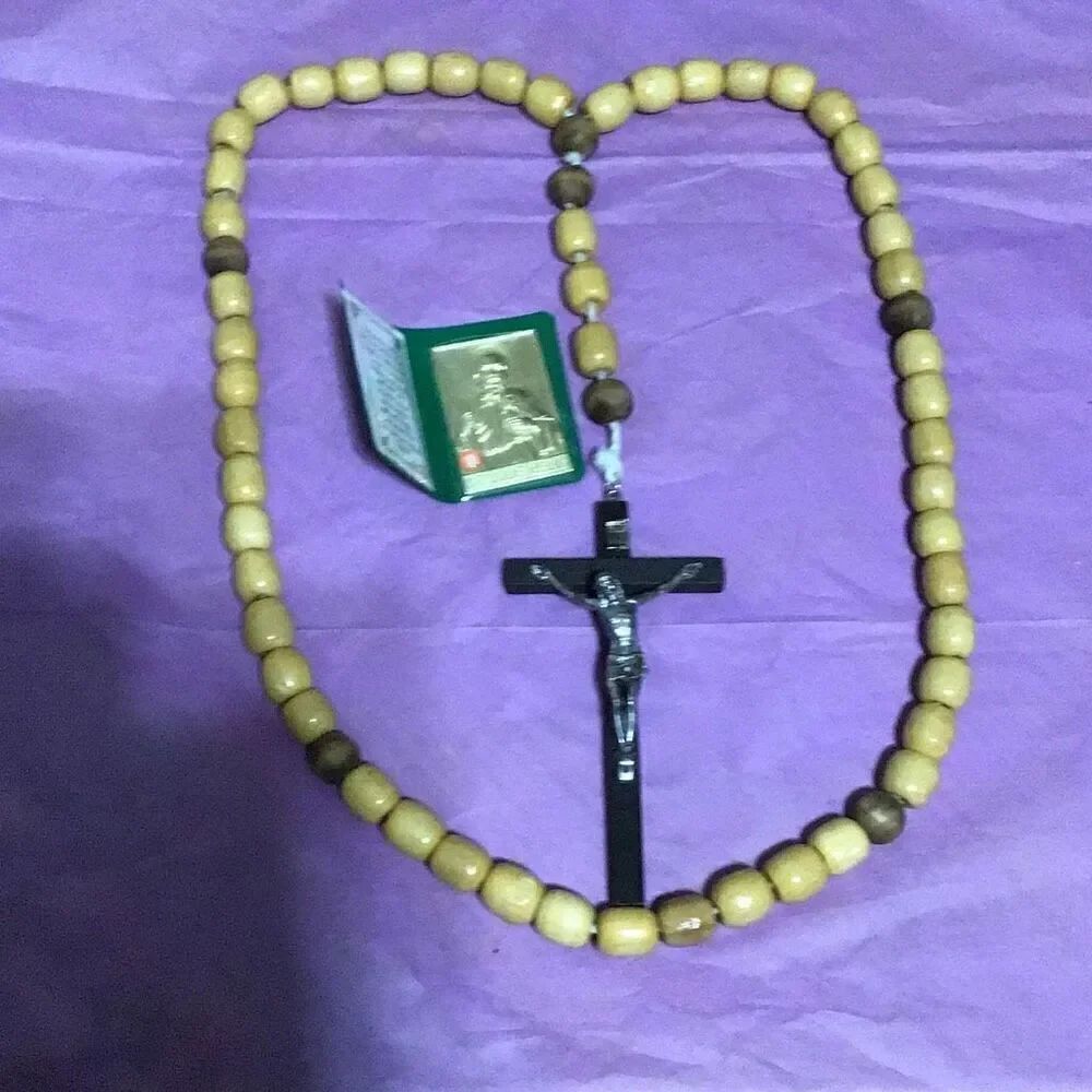 Vintage 29 inch long rosary with half inch wide olive wood beads and Saint Jude
